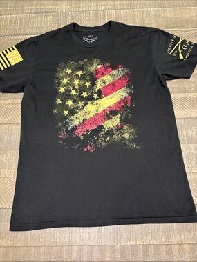 Grunt Style Black Tee with Distressed Yellow & Red Flag Graphic